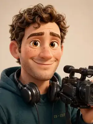Ed, the Studio's video editor, holding his camera