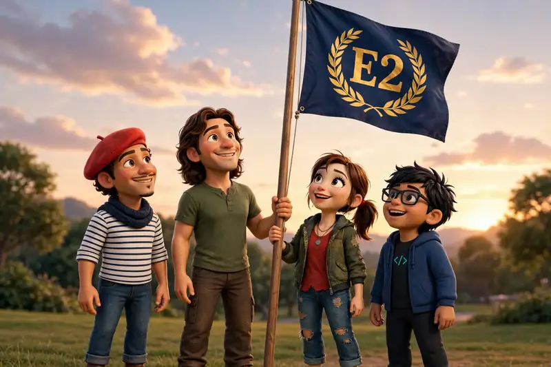 The E2 team holding the navy and gold flag together