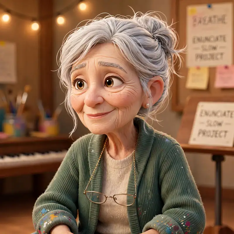 Ada Brooks, a woman with silver hair in a loose knot, paint on her cuffs, reading glasses on a chain