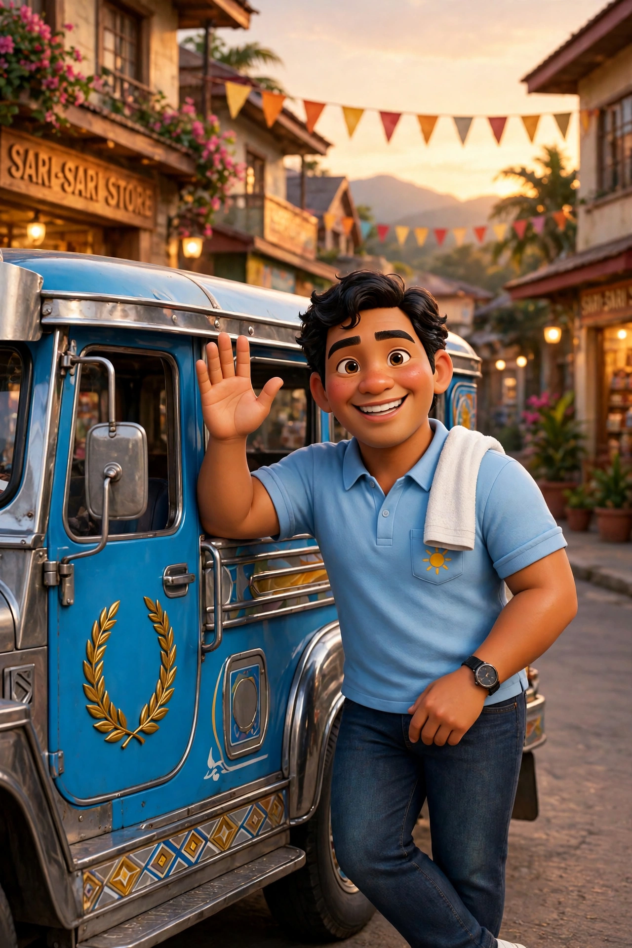 Kuya Marco Dela Cruz, driver of the E2 Jeepney, waving beside his blue jeepney