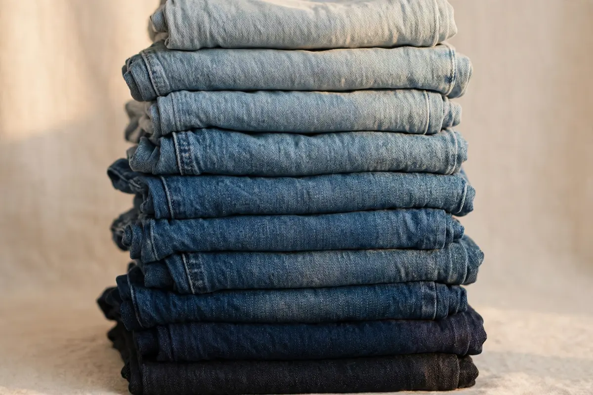 A tall stack of folded blue jeans in many shades of denim