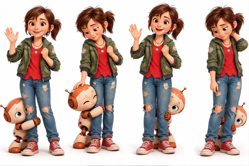 Sally in four moods, waving, smiling, and looking down shyly, with Doodle the little robot hugging her leg and peeking out from behind her
