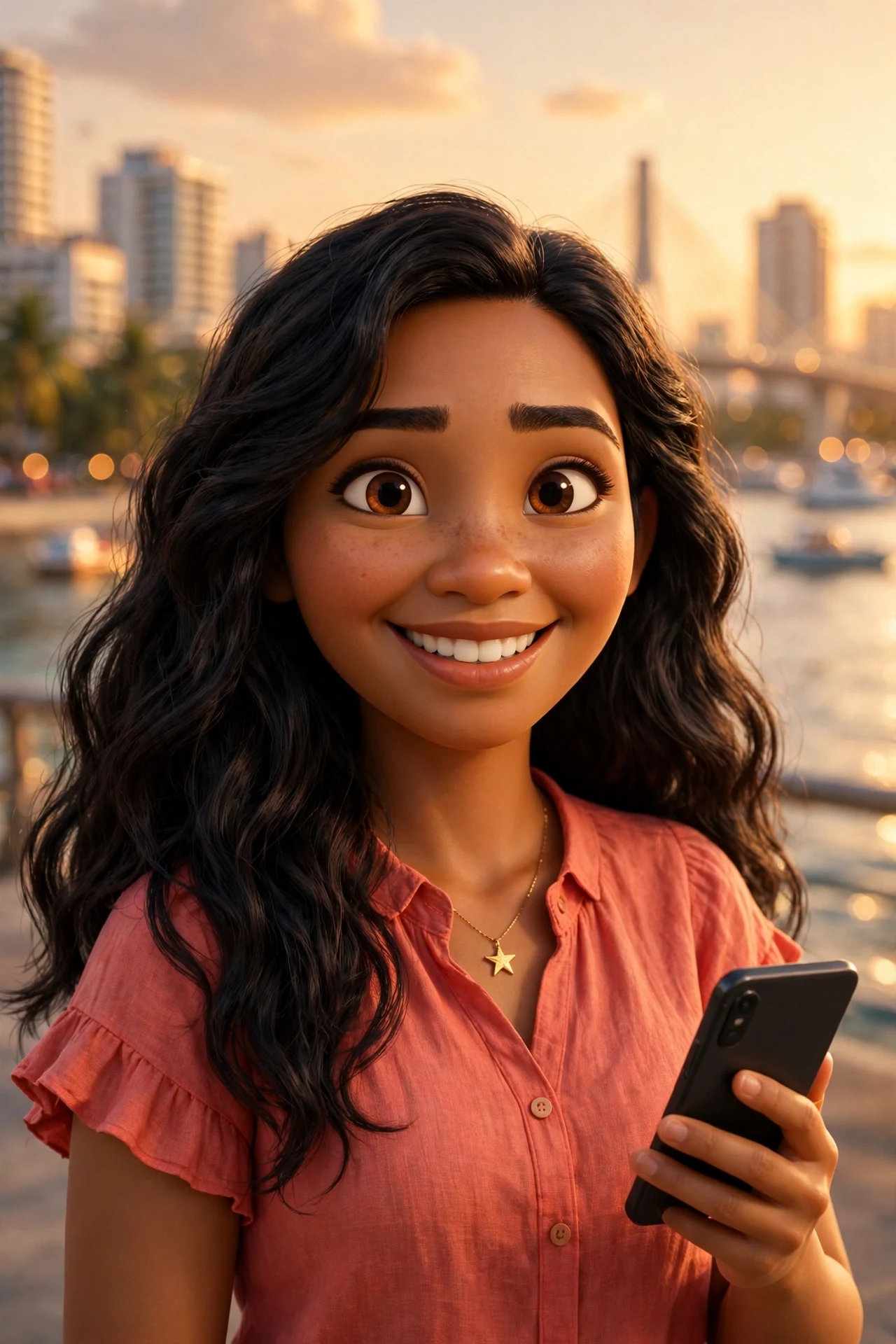 Tala Santos, Pixar-style portrait, smiling by the Cebu waterfront at golden hour