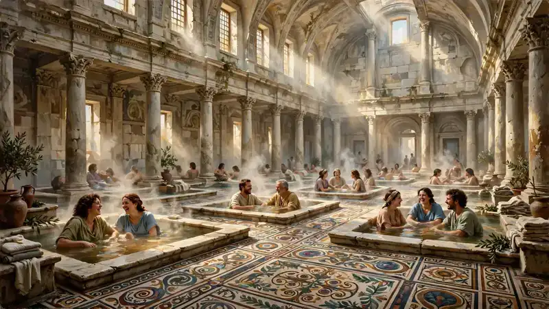 Grand ancient bathhouse interior with steaming marble pools, tall columns, and shafts of sunlight