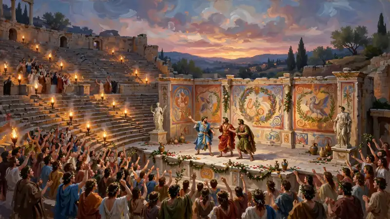An ancient open-air theater at dusk, actors on a marble stage, torches lit, a cheering crowd