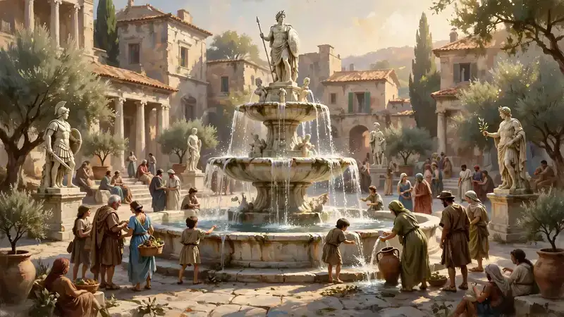 A beautiful ancient fountain square with tiered marble fountains, statues, and citizens gathering in warm afternoon light