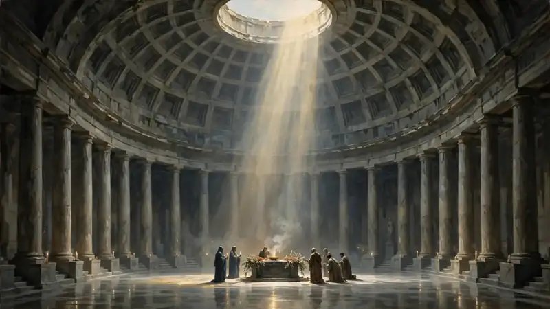 Interior of the great domed Pantheon, a single beam of light falling from the oculus onto the marble floor