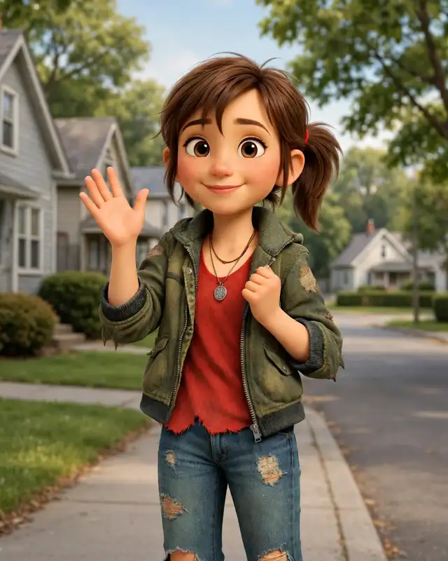 Sally waving hello on her street