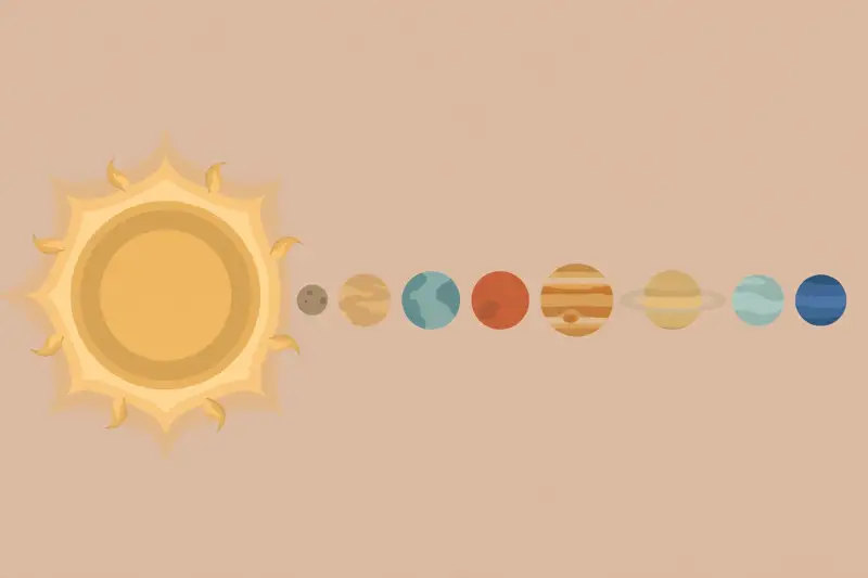 The planets of the solar system lined up in a row beside a glowing sun