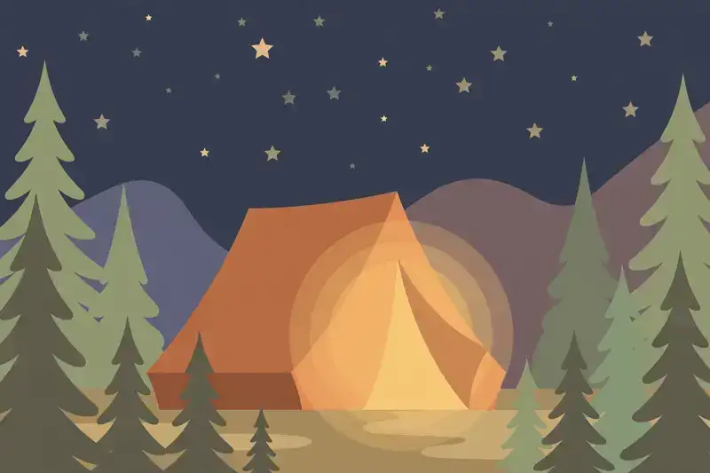 A flat illustration of a tent glowing under a starry night sky