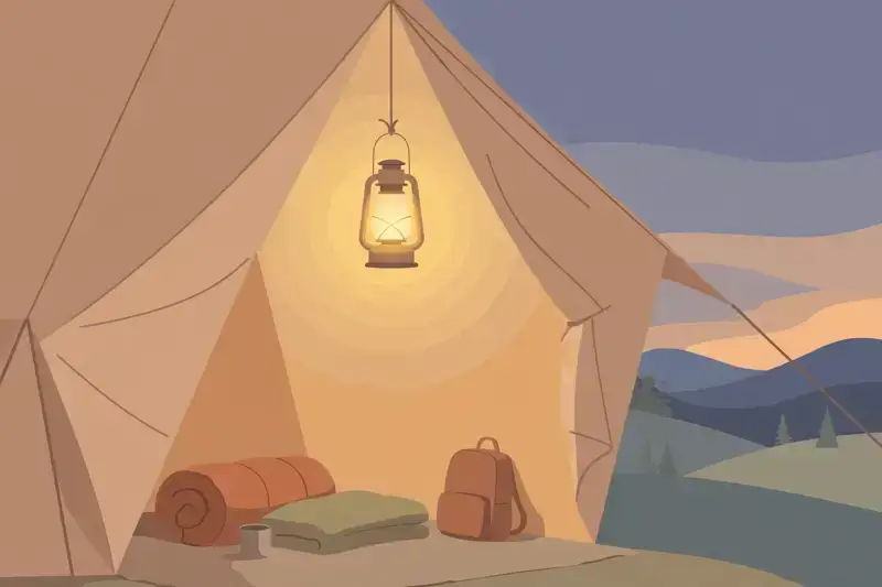 A flat illustration of a glowing lantern inside a tent at dusk
