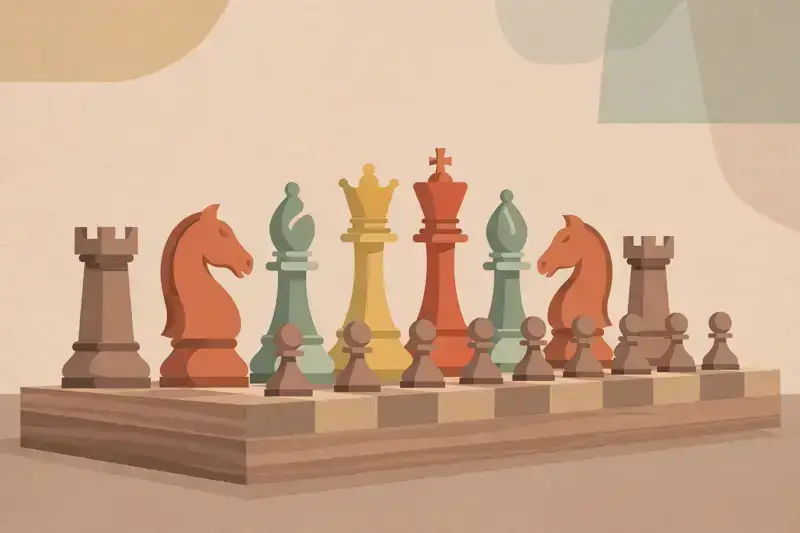A flat illustration of chess pieces lined up at the start of a game