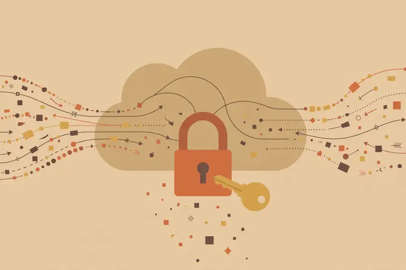 A padlock and key securing a cloud with data flowing through it