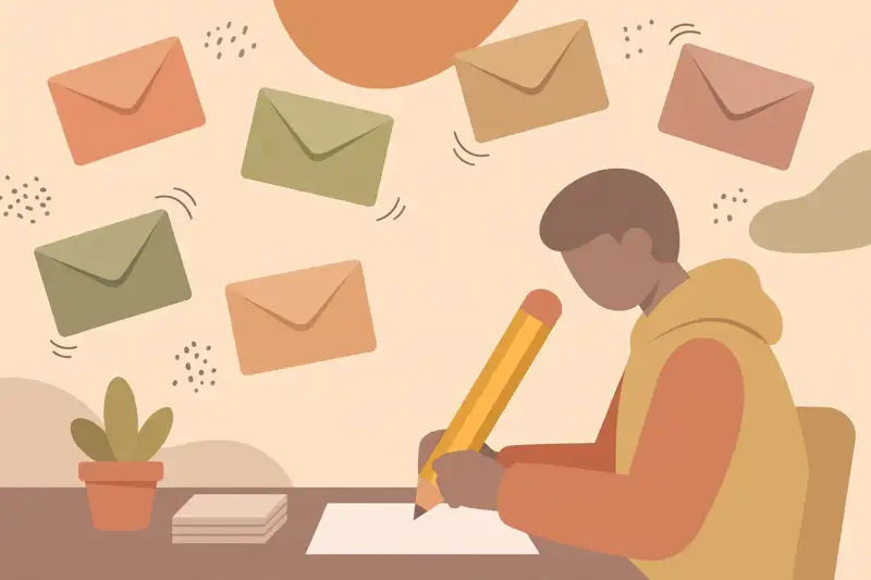 A person writing a clear short email at a desk with a big pencil