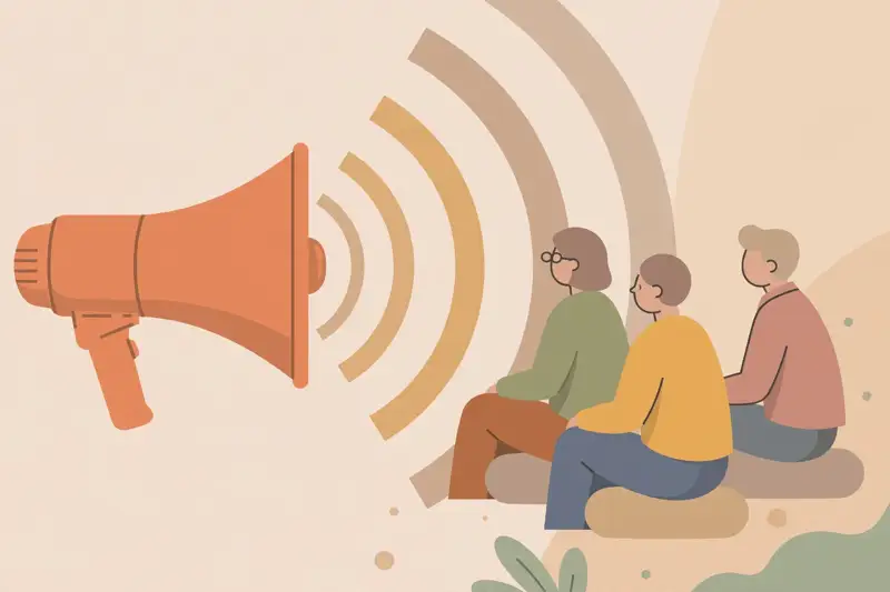 A megaphone with clear sound waves reaching attentive listeners
