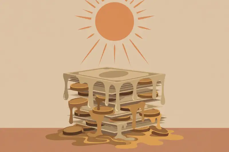 A melting stack of coins and bills under a hot sun