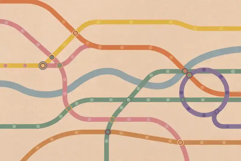 A stylized paris metro map with colorful lines and station dots