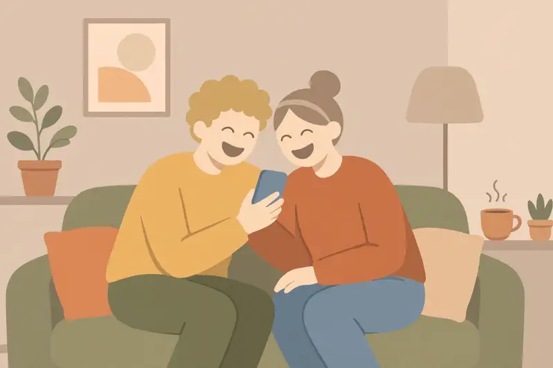 Two friends texting and laughing together on a couch
