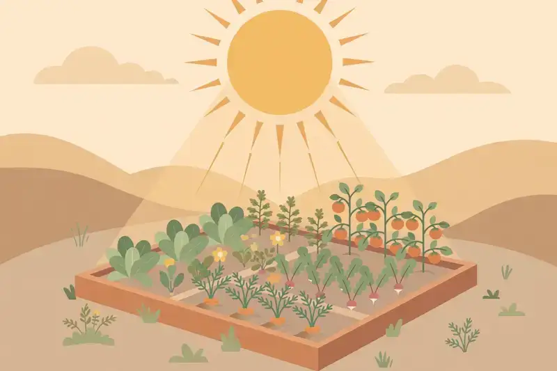 A warm sun shining down over a small thriving vegetable garden