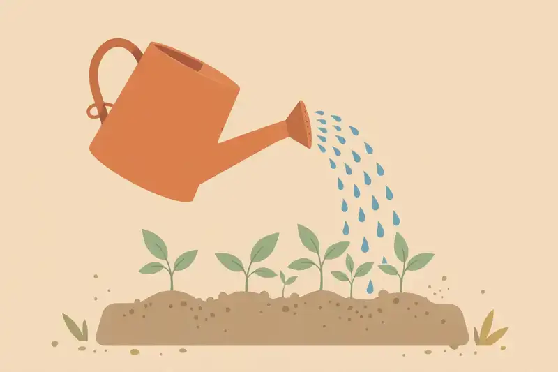 A watering can watering young green seedlings in soil