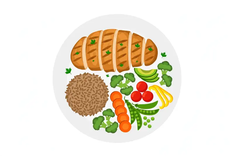 A healthy plate: vegetables, protein, whole grains