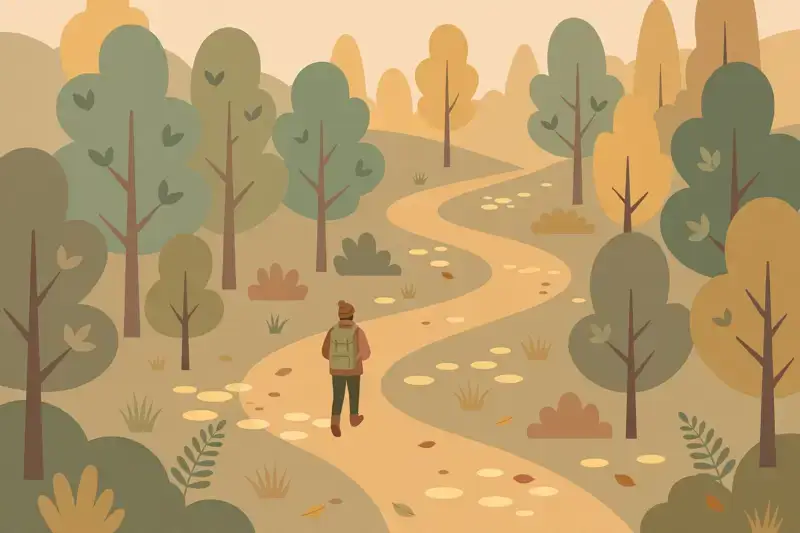 A lone hiker with a backpack walking a winding forest trail