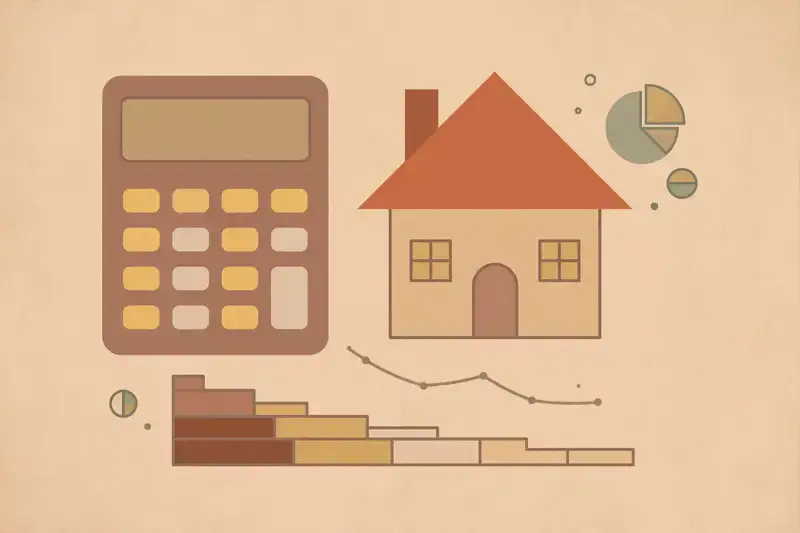 A calculator beside a small house, mortgage affordability math