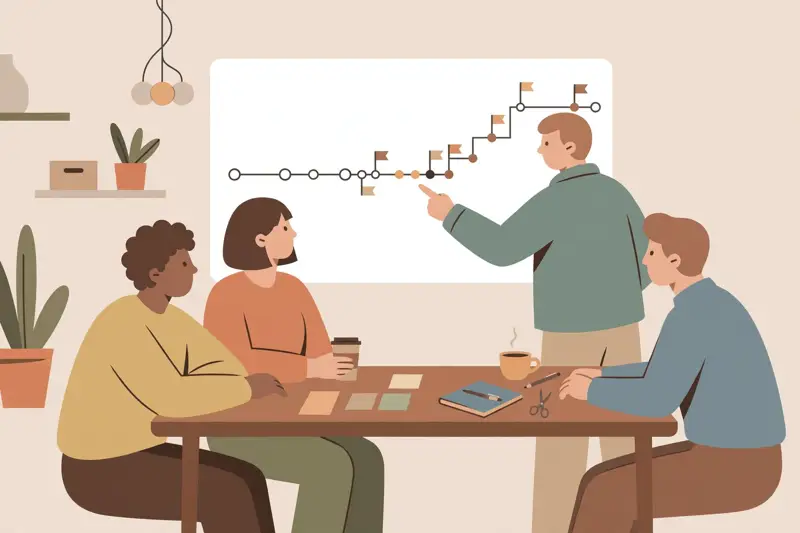 A small team planning around a whiteboard with a timeline