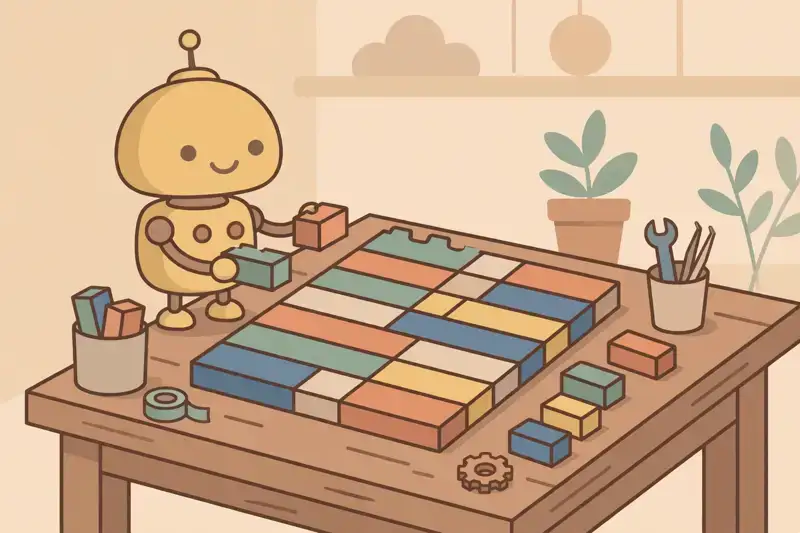 A friendly robot assembling a document from building blocks