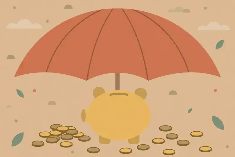 A piggy bank sheltered under a large umbrella labeled with a shield