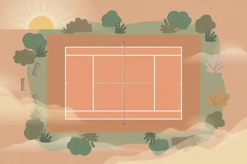 A flat illustration of an empty tennis court from above in early morning light