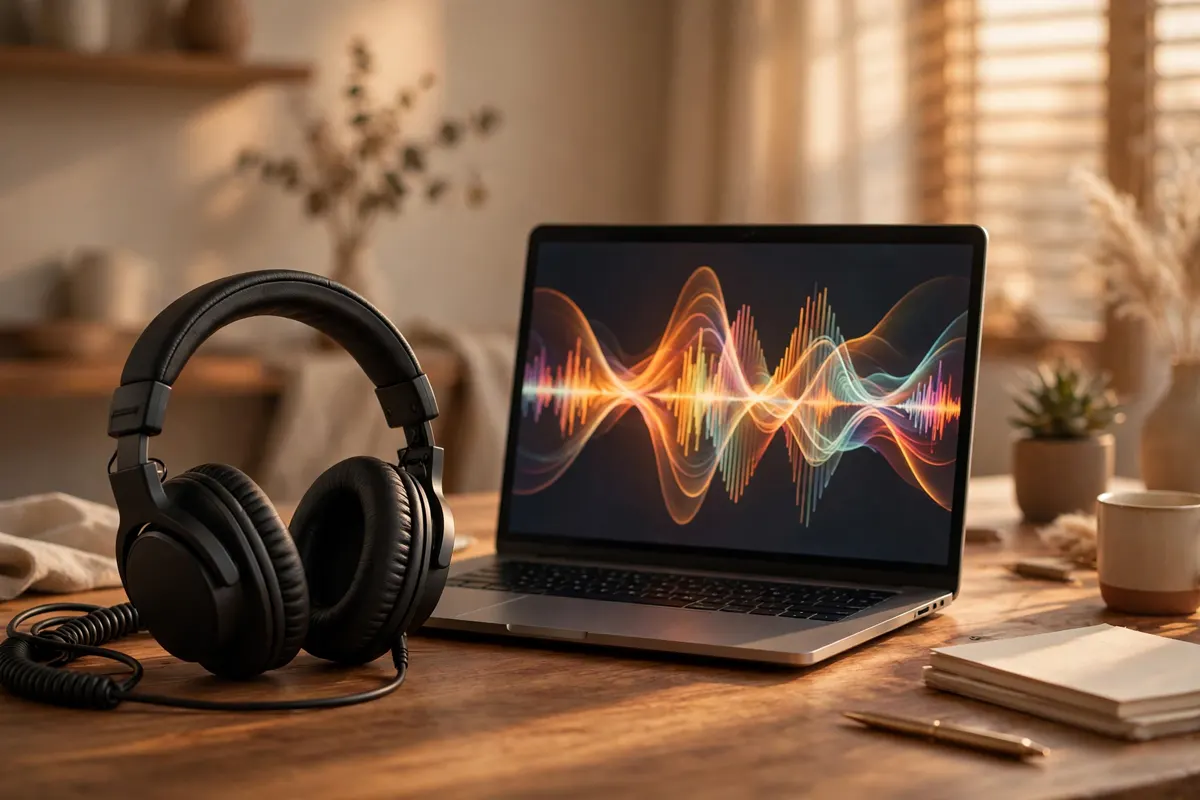 Studio headphones beside a laptop showing a colorful audio waveform